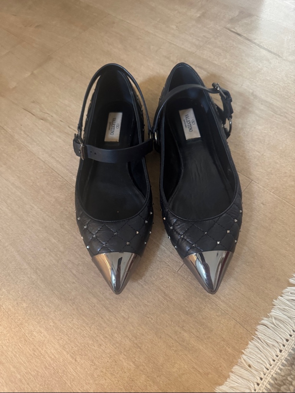 Valentino Black Quilted Pointed-Toe Flats with Silver Cap Toe